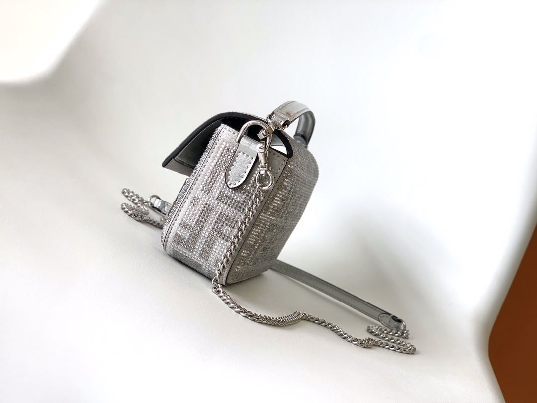 Fendi Mini Baguette FF Chenille Shoulder Bag Silver Grey